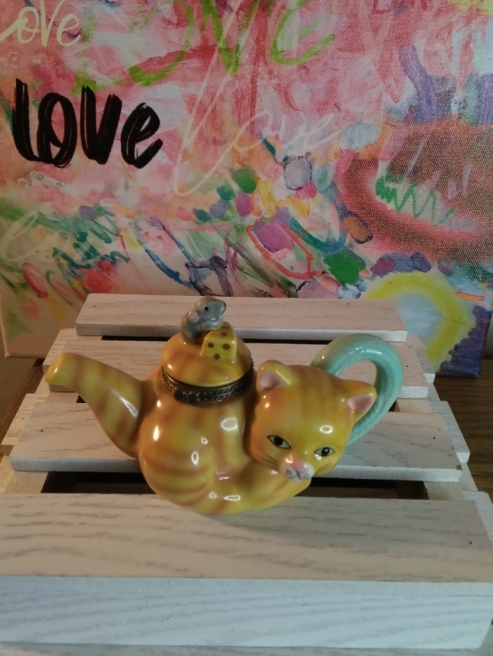 Ceramic Cat Teapot - Yellow with Mint Handle